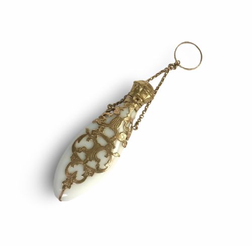 FRENCH OPALINE MILK GLASS PERFUME BOTTLE CHATELAINE 1880 VICTORIAN 18K GOLD - ADDITIONAL PHOTO 3