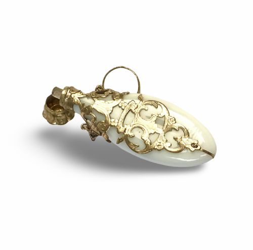 FRENCH OPALINE MILK GLASS PERFUME BOTTLE CHATELAINE 1880 VICTORIAN 18K GOLD - ADDITIONAL PHOTO 4
