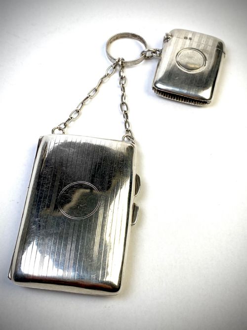 RARE ANTIQUE CIGARETTE CASE AND VESTA SOLID STERLING SILVER 1919 - ADDITIONAL PHOTO 1