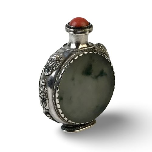 antique chinese tibetan jade silver snuff bottle circa 1920 - CATEGORY: ANTIQUE SILVER - DATED 1920