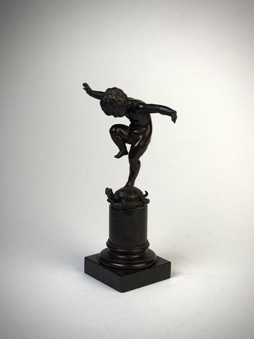 bronze statue of boy standing on tortoise by otto geyer c 1880 - CATEGORY: ANTIQUE SCULPTURES - DATED 1880