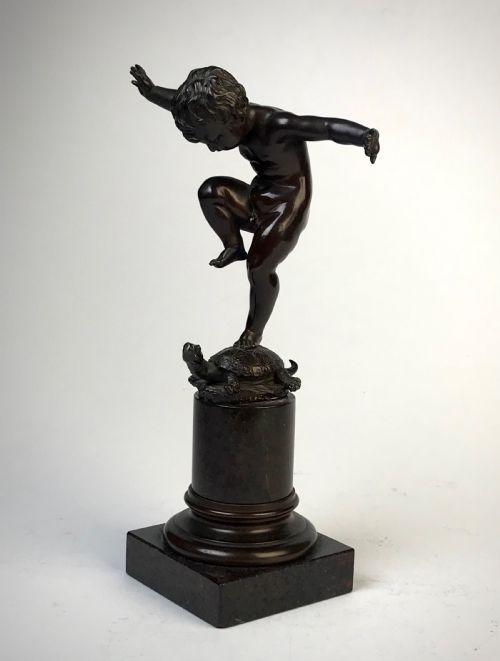 BRONZE STATUE OF BOY STANDING ON TORTOISE BY OTTO GEYER C 1880 - ADDITIONAL PHOTO 1