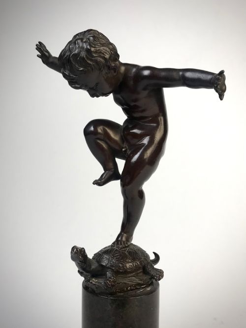 BRONZE STATUE OF BOY STANDING ON TORTOISE BY OTTO GEYER C 1880 - ADDITIONAL PHOTO 2