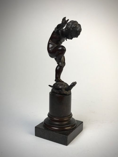 BRONZE STATUE OF BOY STANDING ON TORTOISE BY OTTO GEYER C 1880 - ADDITIONAL PHOTO 3