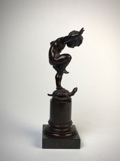 BRONZE STATUE OF BOY STANDING ON TORTOISE BY OTTO GEYER C 1880 - ADDITIONAL PHOTO 4