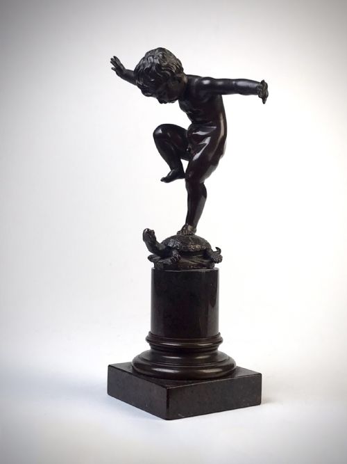 BRONZE STATUE OF BOY STANDING ON TORTOISE BY OTTO GEYER C 1880 - ADDITIONAL PHOTO 11