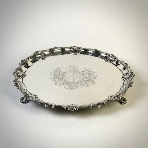 solid silver sterling georgian salver london 1766 ebinezer coker tall ship boat armorial - CATEGORY: ANTIQUE SILVER - DATED GEORGIAN