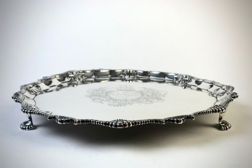 SOLID SILVER STERLING GEORGIAN SALVER LONDON 1766 EBINEZER COKER TALL SHIP BOAT ARMORIAL - ADDITIONAL PHOTO 1