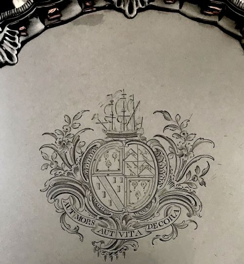 SOLID SILVER STERLING GEORGIAN SALVER LONDON 1766 EBINEZER COKER TALL SHIP BOAT ARMORIAL - ADDITIONAL PHOTO 3