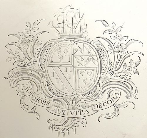 SOLID SILVER STERLING GEORGIAN SALVER LONDON 1766 EBINEZER COKER TALL SHIP BOAT ARMORIAL - ADDITIONAL PHOTO 5