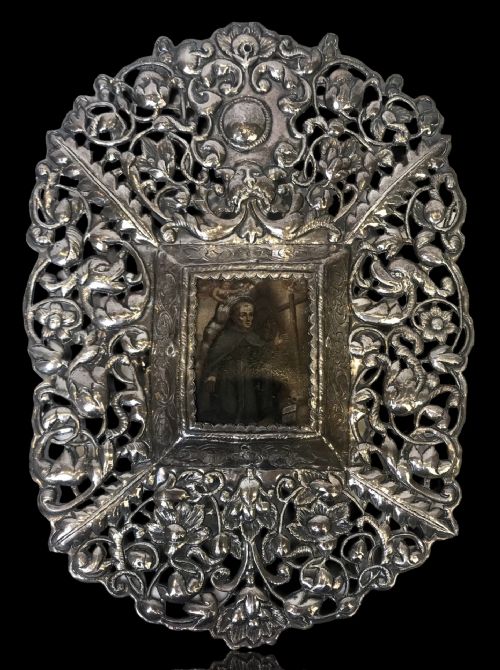 MAGNIFICENT SOLID SILVER RELIGIOUS PAINTING COLONIAL SOUTH AMERICA PERU 18TH C SAINT FRANCIS ASSIS - ADDITIONAL PHOTO 1