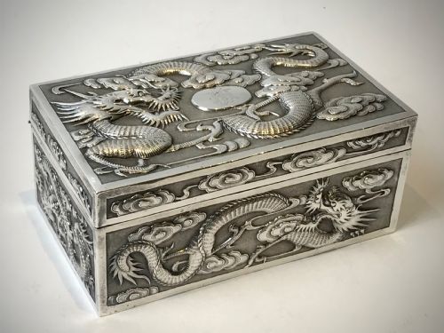 CHINESE EXPORT SOLID SILVER STERLING BOX DRAGONS 19TH CENTURY - ADDITIONAL PHOTO 3
