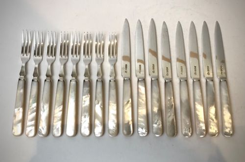 MAGNIFICENT SOLID SILVER STERLING MOTHER PEARL DESSERT CUTLERY BOXED - ADDITIONAL PHOTO 10