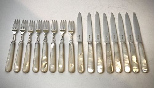 MAGNIFICENT SOLID SILVER STERLING MOTHER PEARL DESSERT CUTLERY BOXED - ADDITIONAL PHOTO 12
