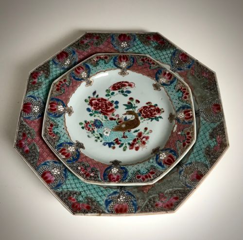 SET OF 3 18TH CHINESE PORCELAIN GOOSE HEXAGONAL PLATES QIANLONG QING - ADDITIONAL PHOTO 1