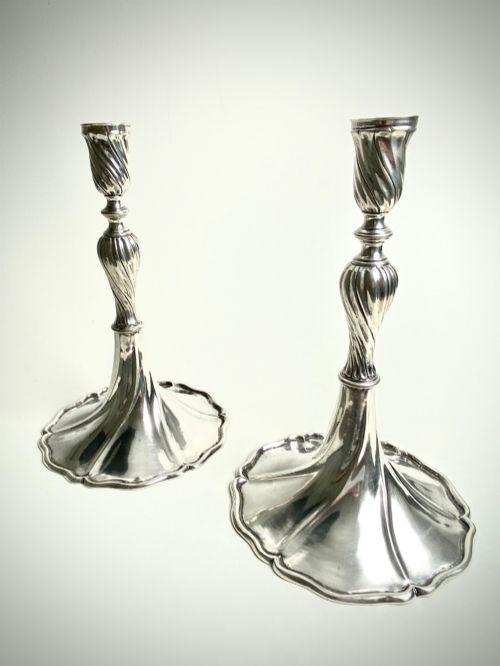 SOLID SILVER STERLING PORTUGUESE CANDLESTICKS SPIRAL TWIST SKIRT 18TH C