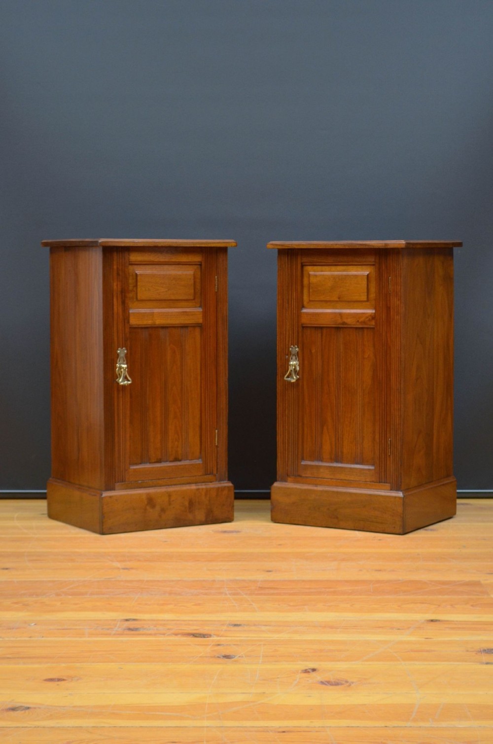 A matching pair of Victorian walnut bedside cabinets featuring recessed door panels, brass drop handles, and solid plinth bases.