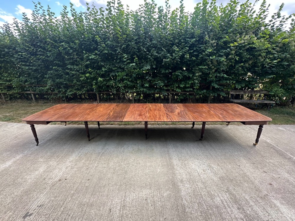A long mahogany extending dining table with turned fluted legs and brass castors. View VIII