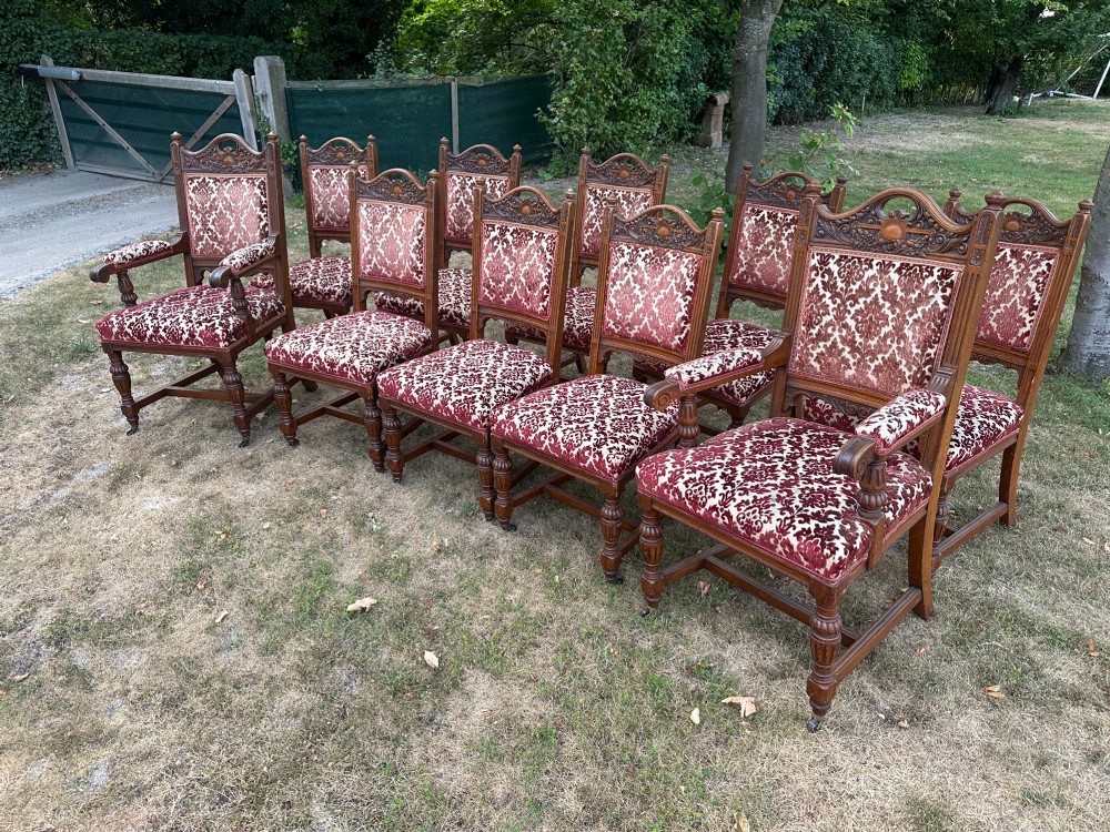 Set of Ten Edwardian Oak Dining Chairs