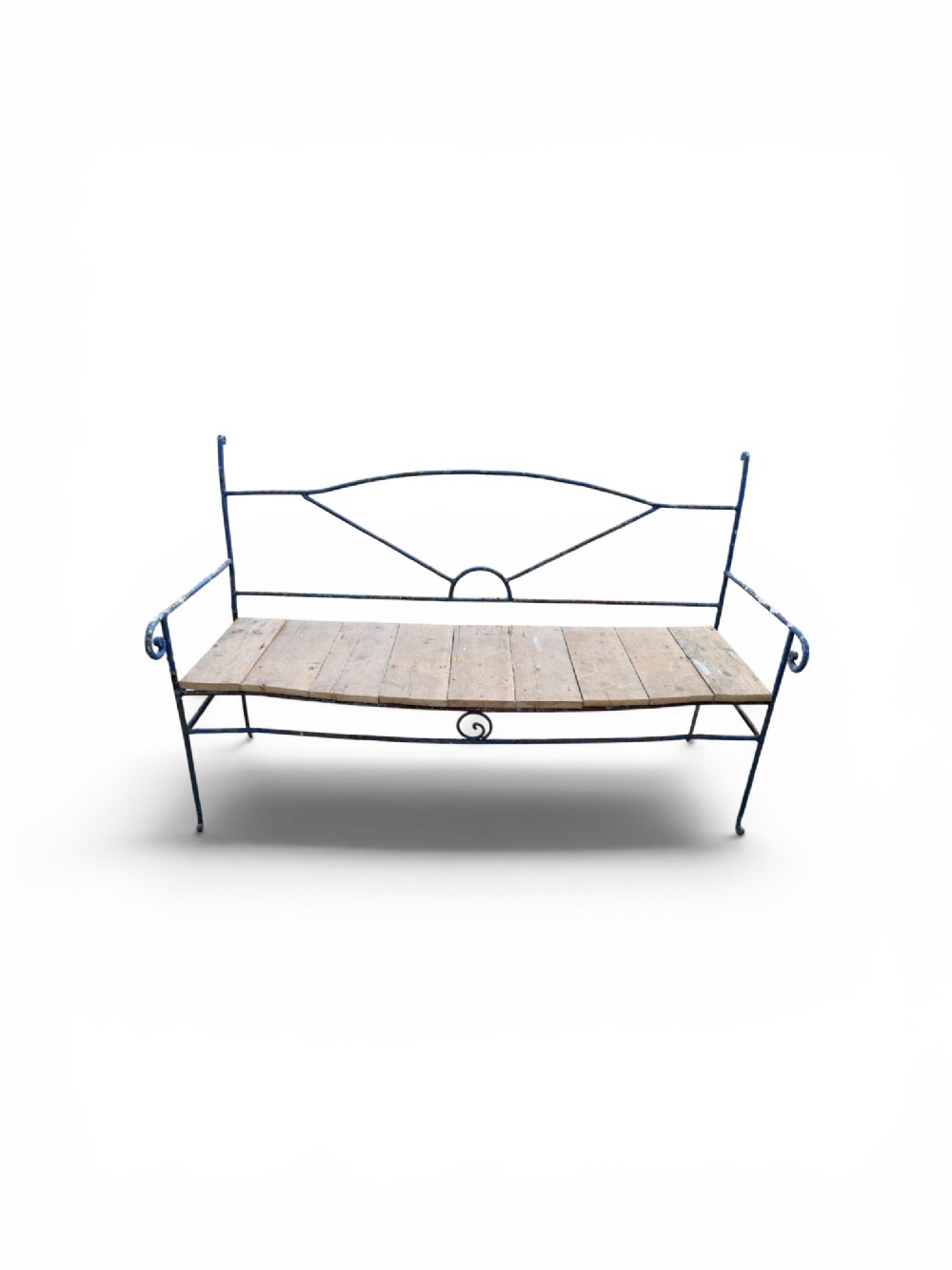 An antique Edwardian garden bench with a blue painted wrought iron frame and a slatted wooden seat.