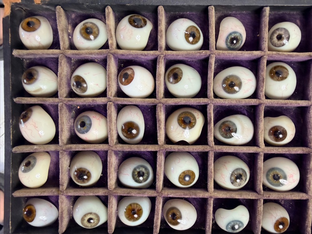 A grid of twenty-nine hand-painted antique glass prosthetic eyes resting in a purple velvet compartmentalised storage case.