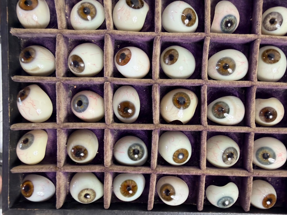 A grid of twenty-nine hand-painted antique glass prosthetic eyes resting in a purple velvet compartmentalised storage case. View II