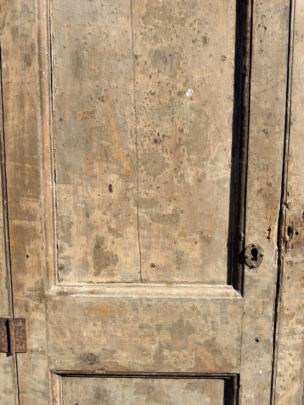 A tall, narrow Georgian pine gun cupboard featuring a single door with two panel inserts and visible iron hinges. View IV