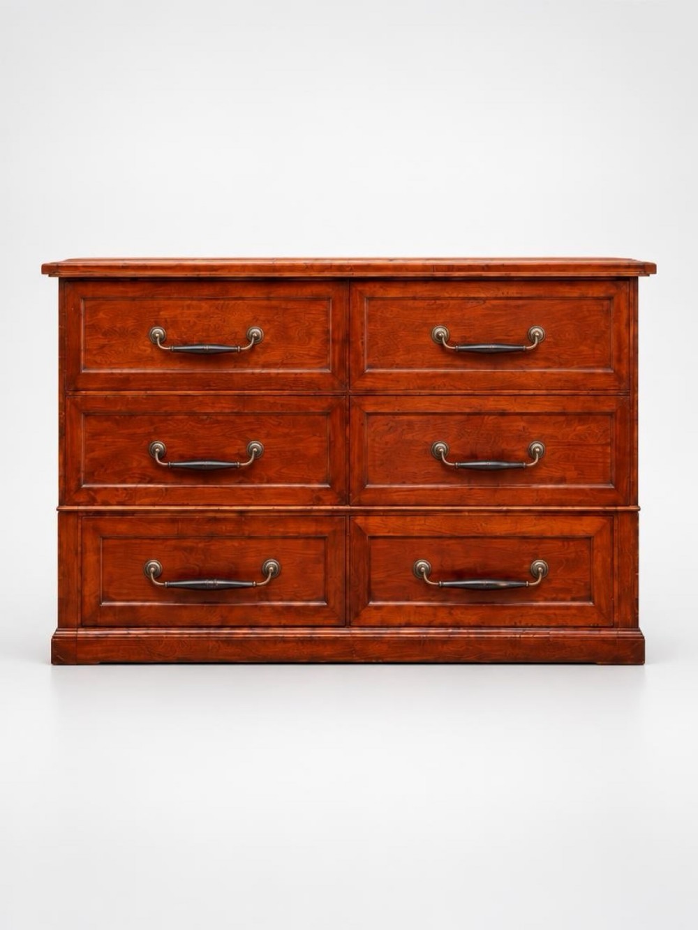 A large nineteenth-century wooden haberdashery unit featuring six drawers arranged in two columns with moulded drawer fronts and dark metal drop handles.