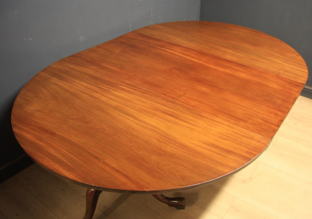 A Georgian mahogany twin-pedestal extending dining table with rounded ends and brass castors on a light wooden floor. View V