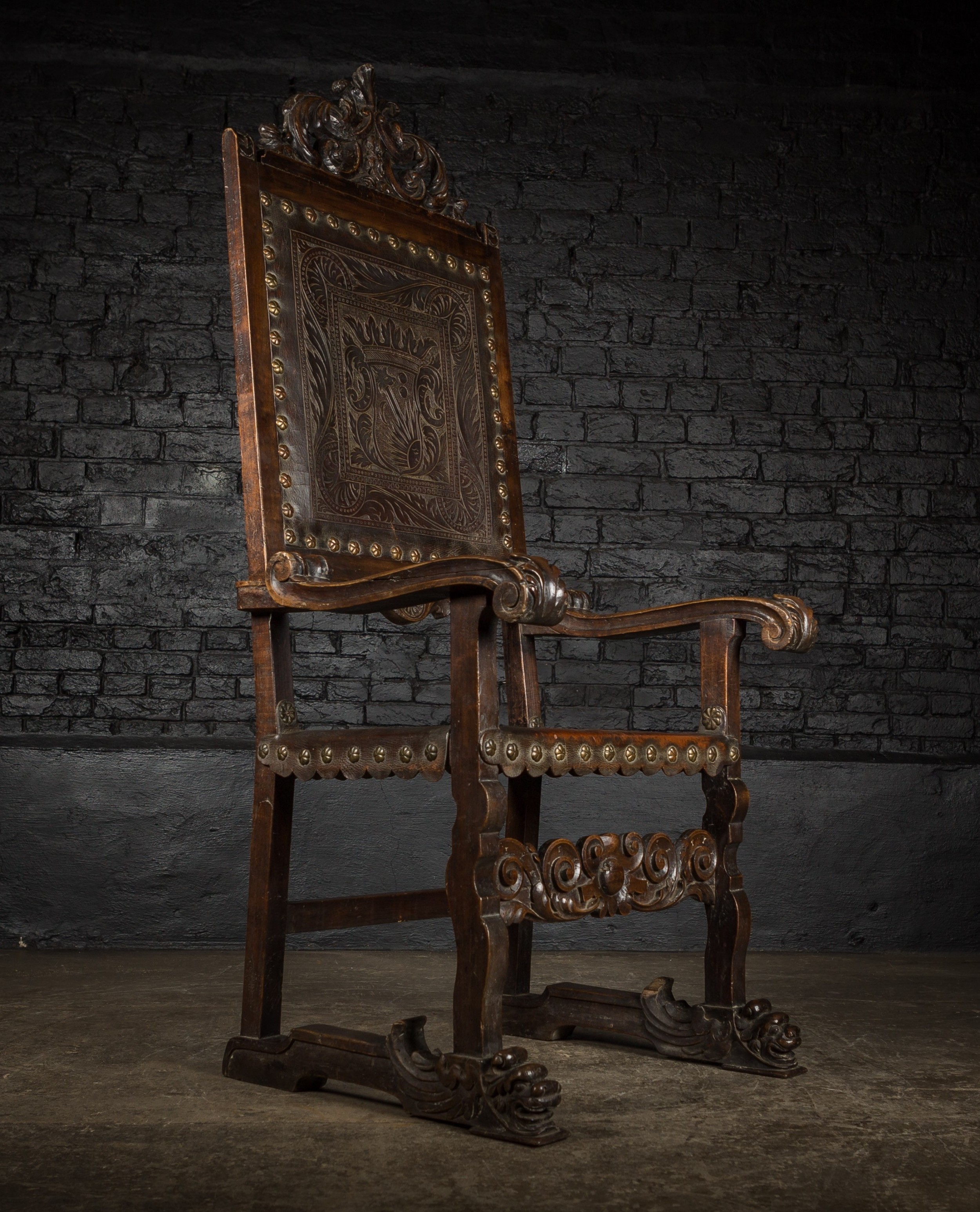 19th C Spanish Carved Hardwood Throne Chair With Leather Panels