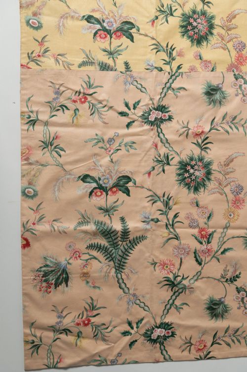 fig 1. A large rectangular fabric wall panel displaying three distinct horizontal bands in mint green, yellow, and blush peach with trailing botanical fern and floral foliage motifs.
