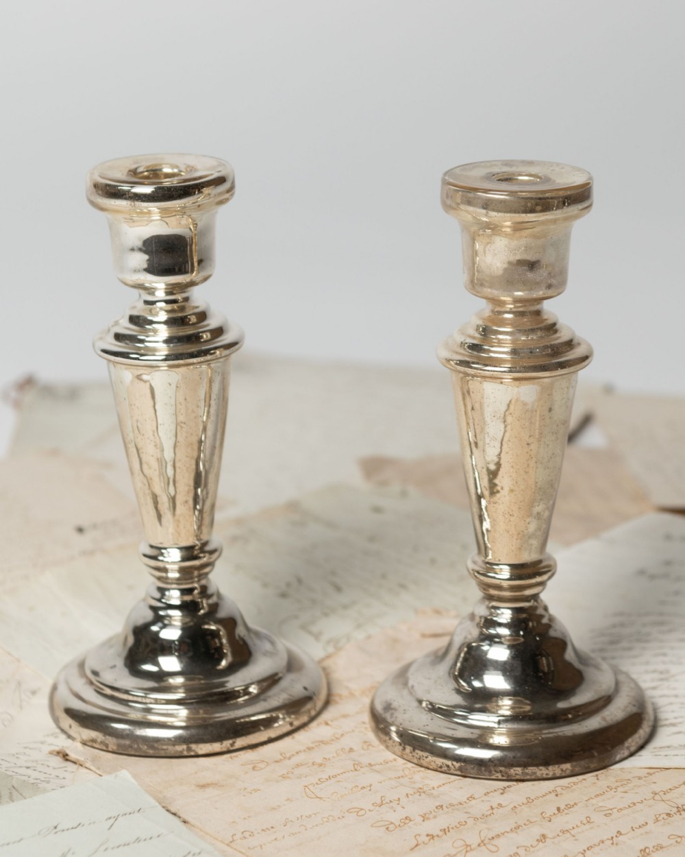 Antique French pair of mercury glass candlesticks