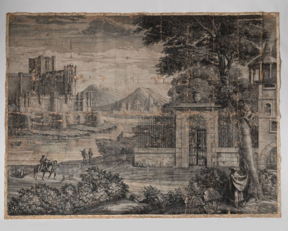A monochrome grisaille wallpaper panel on canvas depicting a classical landscape with a fortress, stone gateway, figures, and distant mountains.
