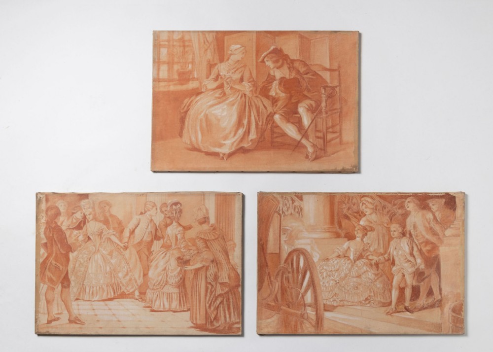 A set of three monochromatic terracotta-toned oil paintings on canvas depicting 18th-century French figures in period attire engaged in romantic and social genre scenes.
