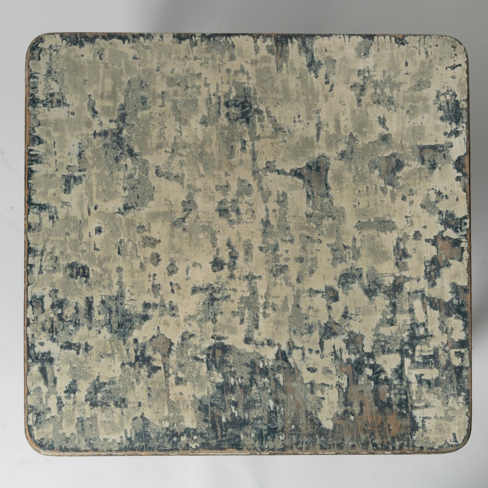 A square antique French side table featuring weathered grey and blue paint, carved cabriole legs, and bead moulding along the apron. View VI