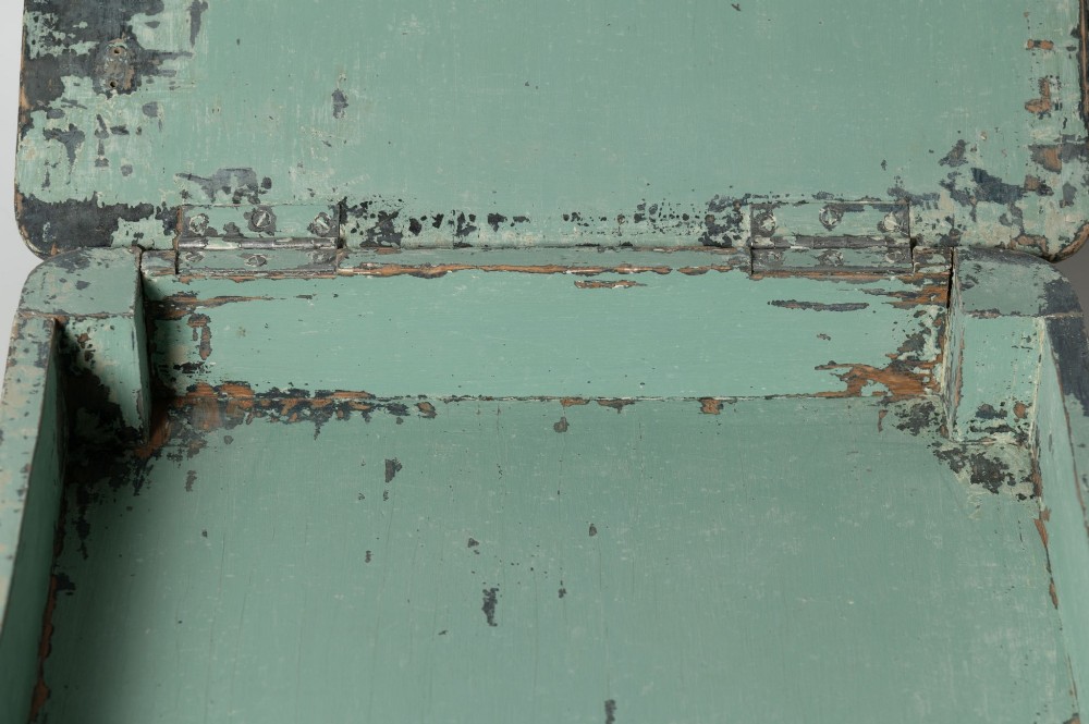 A square antique French side table featuring weathered grey and blue paint, carved cabriole legs, and bead moulding along the apron. View VII