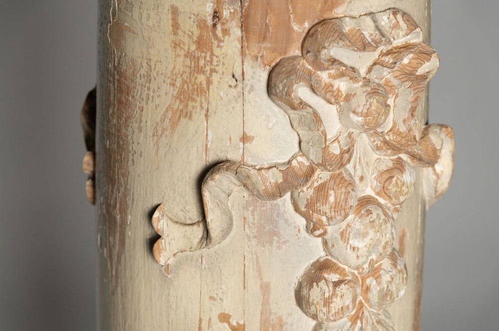 An antique nineteenth-century Swedish painted wooden column featuring a carved ribbon motif and a stepped square plinth base. View III