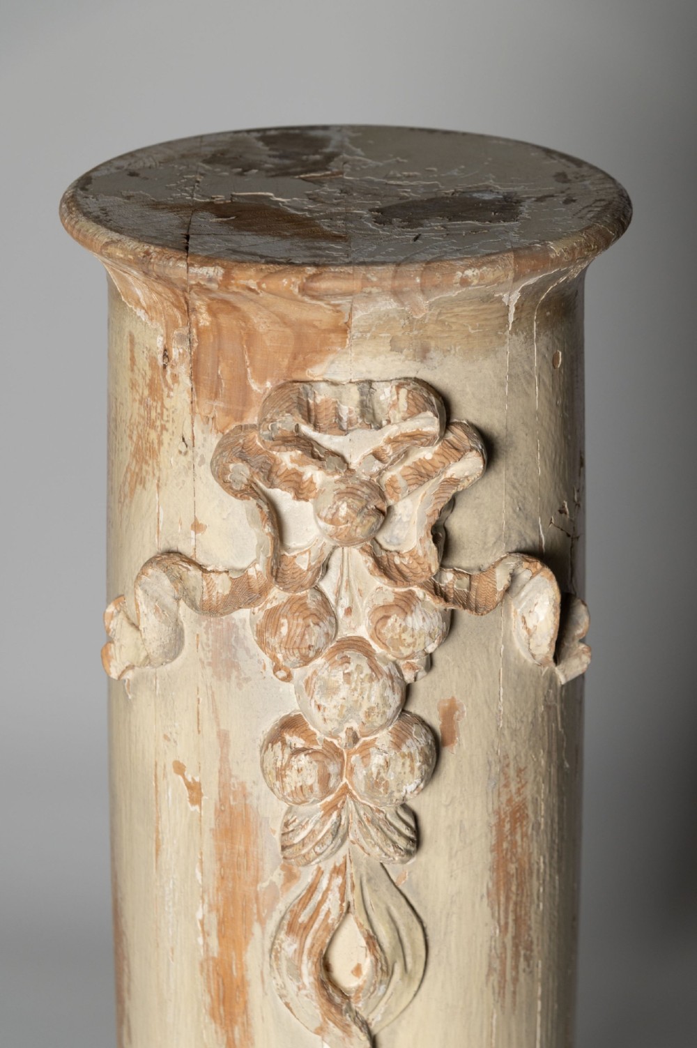 An antique nineteenth-century Swedish painted wooden column featuring a carved ribbon motif and a stepped square plinth base. View IV