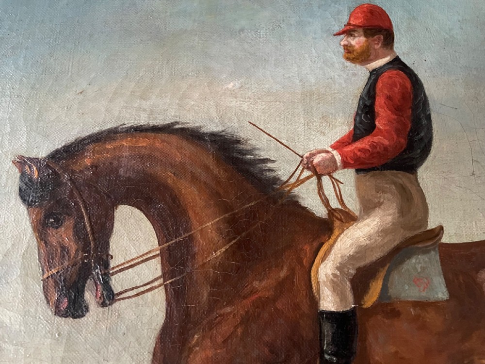 A 19th-century oil painting on canvas depicting a jockey in red and black attire riding a bay horse across a landscape under a blue sky. View III