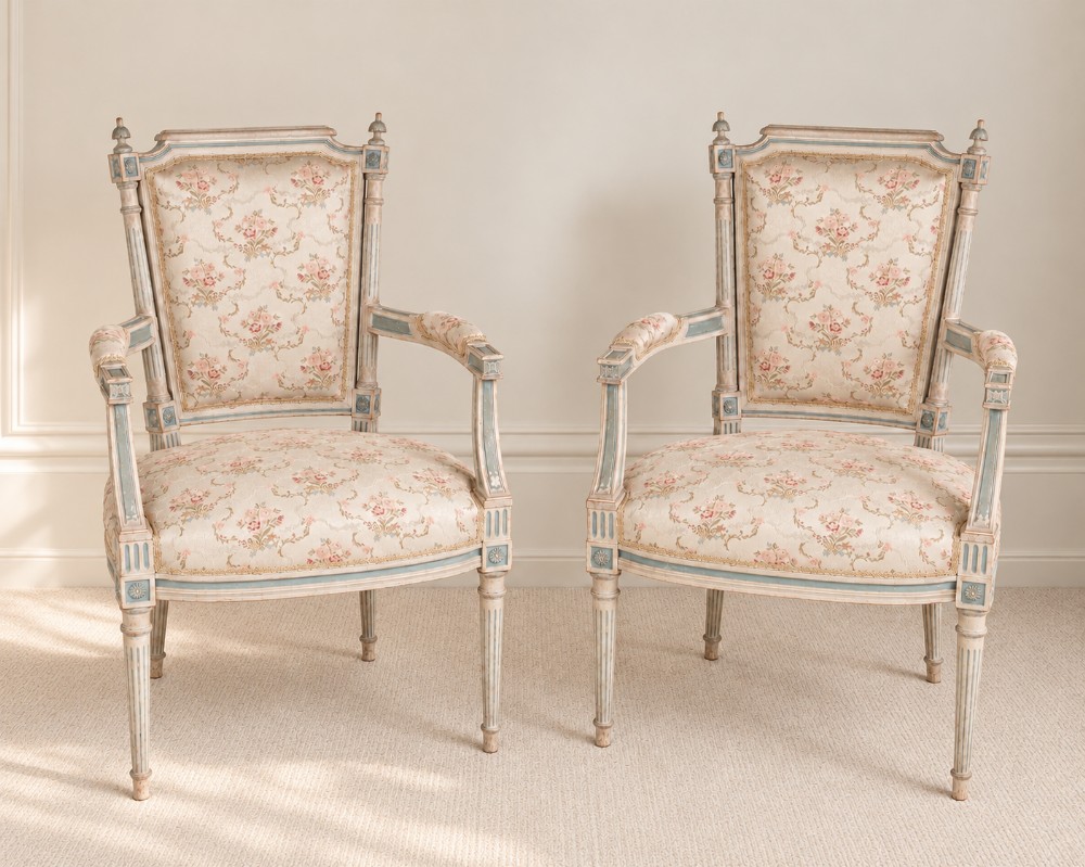 A pair of antique French Louis XVI style painted armchairs with cream floral upholstery and fluted tapered legs.