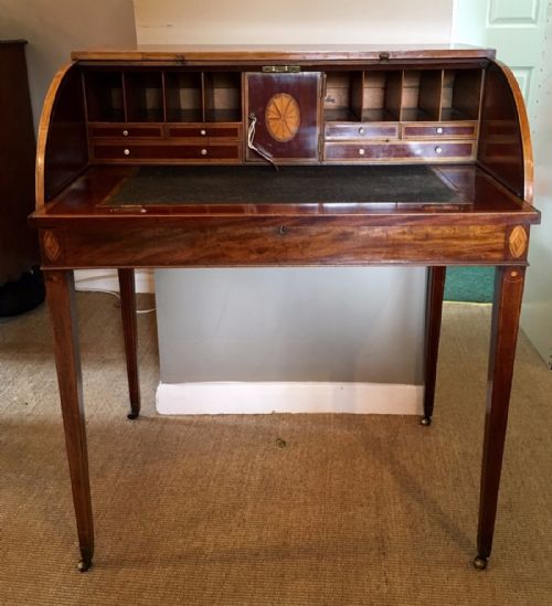 ANTIQUE 19TH CENTURY MAHOGANY INLAID LADIES ROLL TOP WRITING DESK - ADDITIONAL PHOTO 1