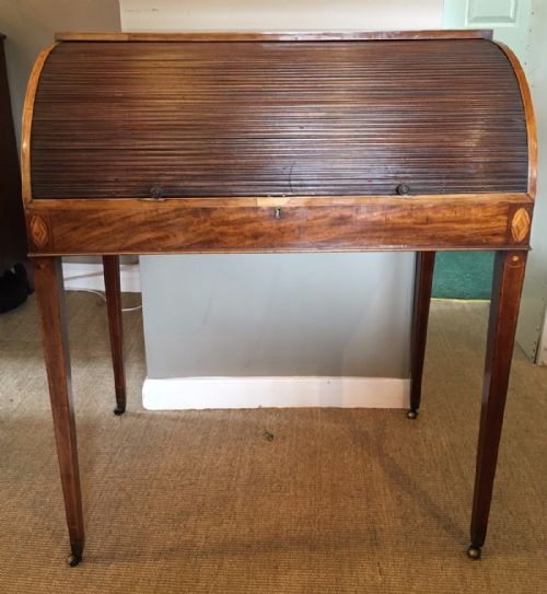 ANTIQUE 19TH CENTURY MAHOGANY INLAID LADIES ROLL TOP WRITING DESK - ADDITIONAL PHOTO 2
