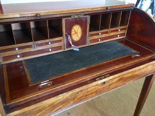 ANTIQUE 19TH CENTURY MAHOGANY INLAID LADIES ROLL TOP WRITING DESK - ADDITIONAL PHOTO 4