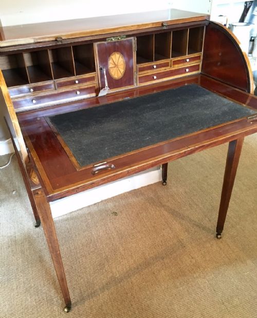 ANTIQUE 19TH CENTURY MAHOGANY INLAID LADIES ROLL TOP WRITING DESK - ADDITIONAL PHOTO 5