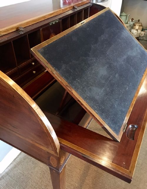 ANTIQUE 19TH CENTURY MAHOGANY INLAID LADIES ROLL TOP WRITING DESK - ADDITIONAL PHOTO 6