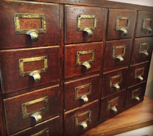 Large Bank of 16 Oak Filing Drawers