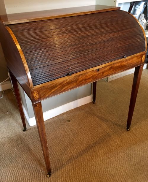 antique 19th century mahogany inlaid ladies roll top writing desk - CATEGORY: ANTIQUE DESKS - DATED 19TH CENTURY