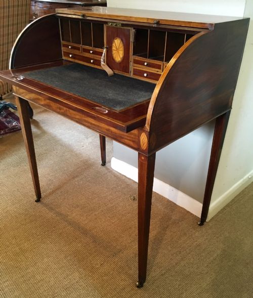 ANTIQUE 19TH CENTURY MAHOGANY INLAID LADIES ROLL TOP WRITING DESK - ADDITIONAL PHOTO 3