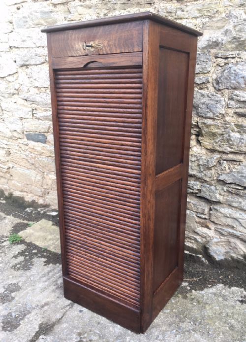 Antique Tambour Fronted Tall Oak Filing Cabinet