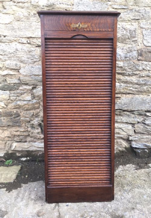 fig 1. Antique Tambour Fronted Tall Oak Filing Cabinet